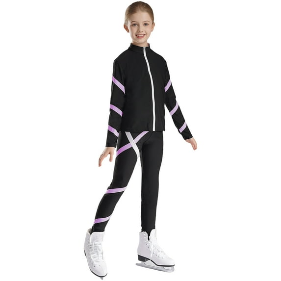 Fldy Kids Girls Figure Skating Tracksuit Jacket with Pants Set Yoga Running Training Sportwear Light Purple 14