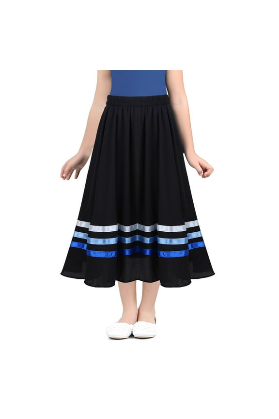 Kids Girls Flowy A-Line Midi Skirts Lyrical Ballet Dance Gymnastics Skirt Latin Jazz Modern Black&Blue 6