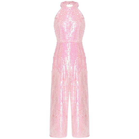 Fldy Kids Girls Halter Neck Sequin Romper Sleeveless Jumpsuit Backless Formal Suit Prom Outfit Pink 14