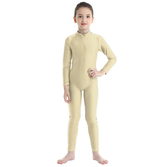 Fldy Kids Girls Long Sleeve Ballet Dance Outfit Yoga Unitard Leotard Bodysuit Gymnastic Jumpsuit Beige L