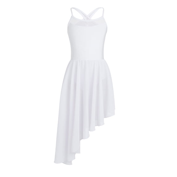 Fldy Kids Girls One Piece Spaghetti Shoulder Straps Leotard High Low Hem Dress for Lyrical Ballet White M
