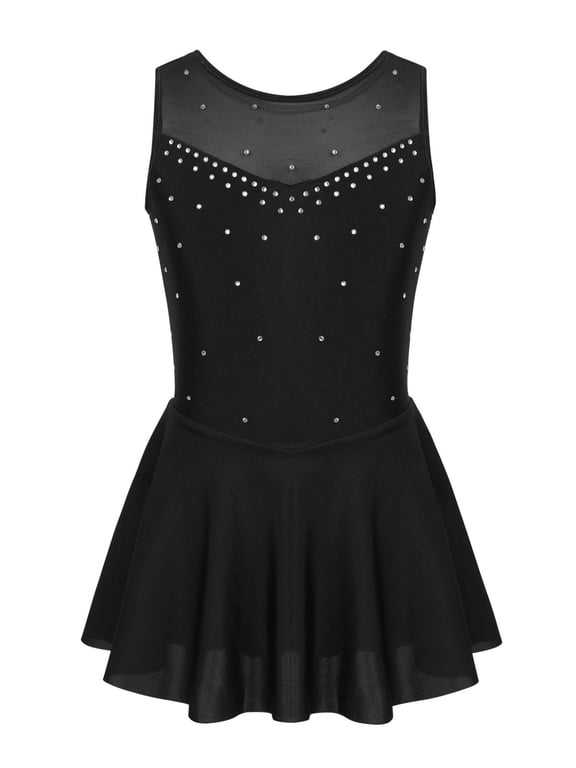 Kids Girls Rhinestone Mesh Splice Ballet Leotard Skirt Lyrical Dance Ice Skating Dress Black 8