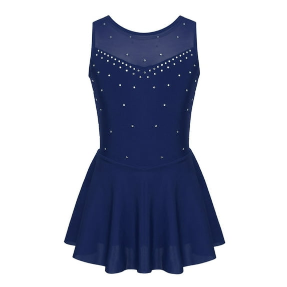 Fldy Kids Girls Rhinestone Mesh Splice Ballet Leotard Skirt Lyrical Dance Ice Skating Dress Navy Blue 16