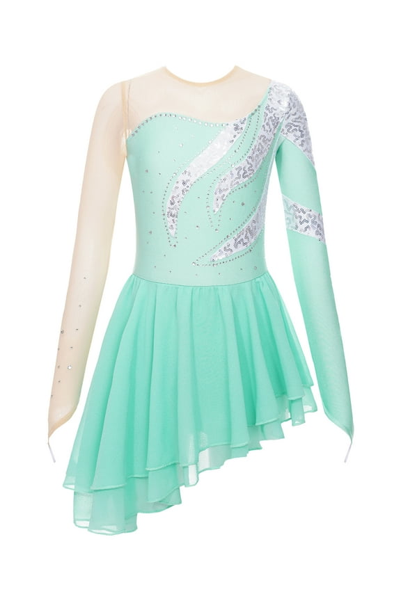 Kids Girls Rhinestone Sequin Long Sleeve Figure Ice Roller Skating Dress Dance Competition Light Green 16