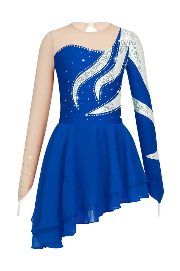Kids Girls Rhinestone Sequin Long Sleeve Figure Ice Roller Skating Dress Dance Competition Royal Blue 10