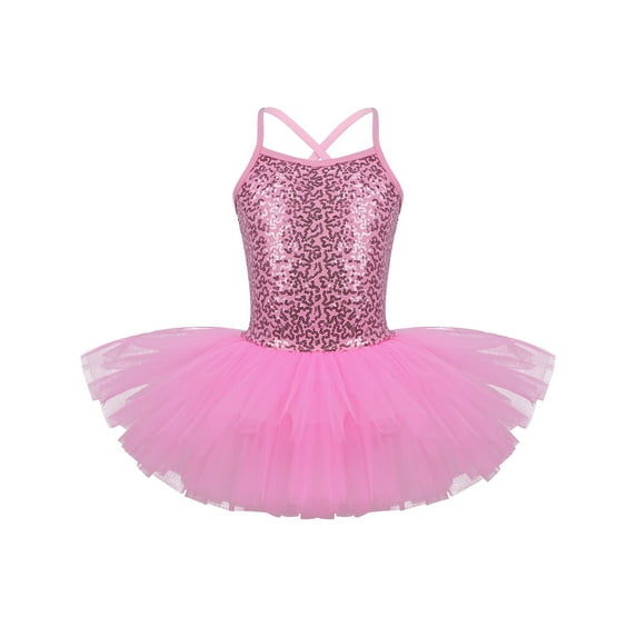 Fldy Kids Girls Sequins Ballet Tutu Dress Dancewear Athletic Camisole Ballerina Dance Costumes Pink 5-6