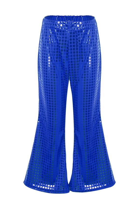 Kids Girls Sequins Hip Hop Jazz Disco Dance Pants Wide Leg Flare Bell Bottoms Trousers Royal Blue 100