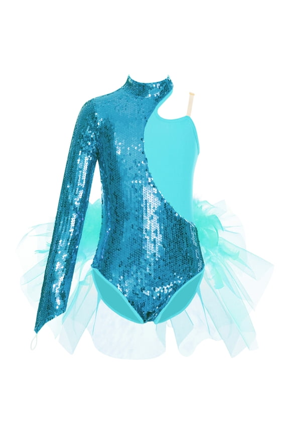 Kids Girls Sequins Single Long Sleeve Oblique Shoulder Sequins Splice Mesh Dance Leotard Tutu Blue Green 8