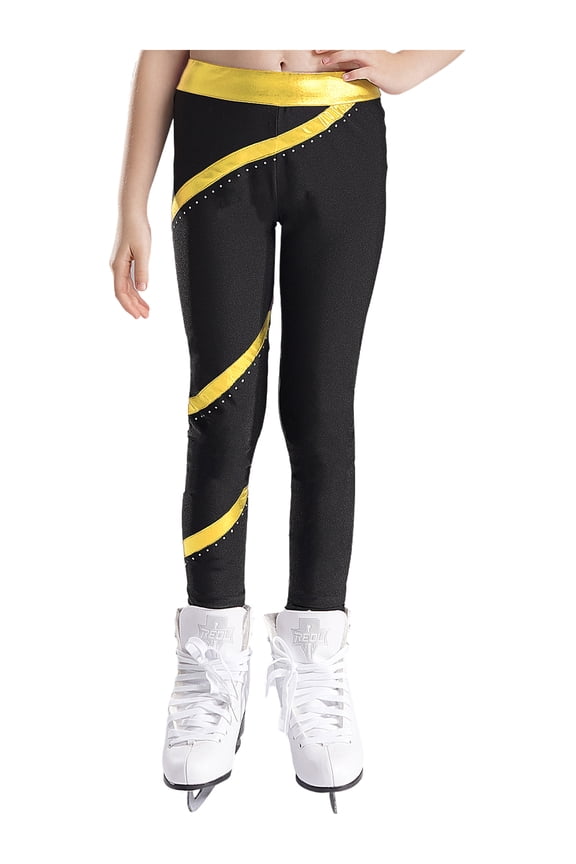Girls Spiral Figure Ice Skating Pants Leggings Shiny Metallic Gymnastics Ballet Dance Pants Gold 10
