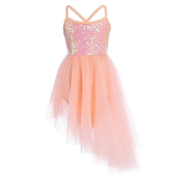 Fldy Kids Girls Shiny Sequins Ballet Tutu Dress Latin Modern Dance Performance Dress Hight-Low Dress Orange 9-10