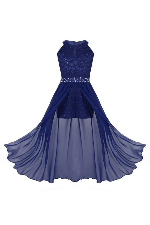 Kids Girls Shiny Sequins Flower Dress Sparkle Wedding Pageant Dance Romper Maxi Gown Dresses Blue 6