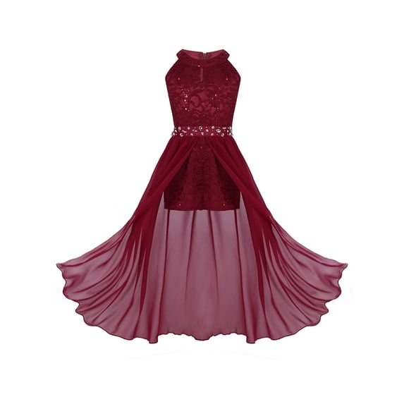 Fldy Kids Girls Shiny Sequins Flower Dress Sparkle Wedding Pageant Dance Romper Maxi Gown Dresses Burgundy 14