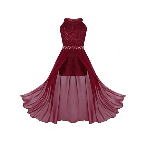 Fldy Kids Girls Shiny Sequins Flower Dress Sparkle Wedding Pageant Dance Romper Maxi Gown Dresses Burgundy 4