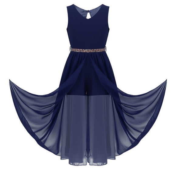 Fldy Kids Girls Sleeveless Flower Girls Dress V-neck Chiffon Dresses Rhinestone Ballet Princess Navy_Blue 8