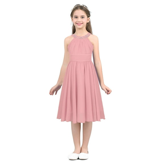 Fldy Kids Girls Sleeveless Pageant Formal Ball Gown Chiffon Wedding Junior Bridesmaid Dress Pink 10