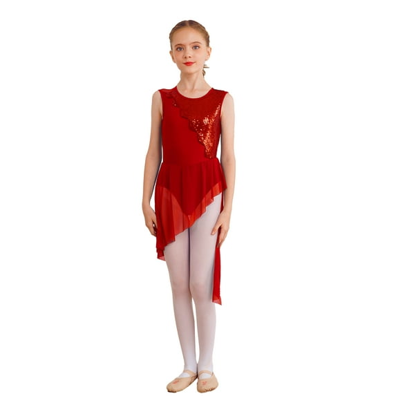 Fldy Kids Girls Sleeveless Sequins Lyrical Ballet Modern Dance Dress Mesh Patchwork Irregular Hem Red 12