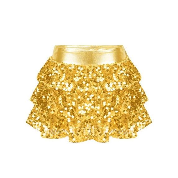 Fldy Kids Girls Sparkly Metallic Hip Hop Jazz Ballet Belly Dance Tutu Skirt for Cheerleading Gold 14