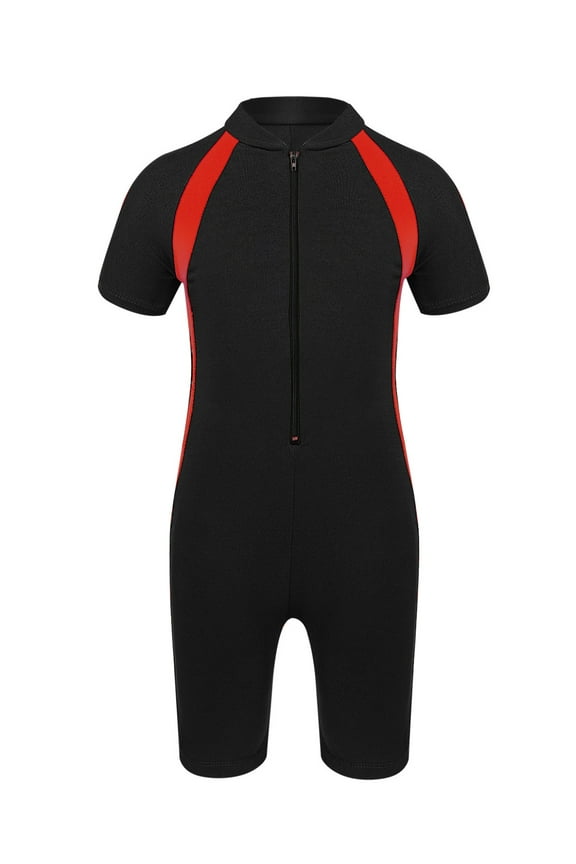 Kids One Piece Shorty Swimsuit Zipper Front Rash Guard Swimwear Quick Dry Bathing Suit Wetsuit Black 10