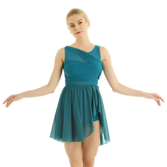 Fldy Lyrical Dance Costumes for Women V-Neck High-Low Ballet Dance Gymnastics Leotard Dress Green L