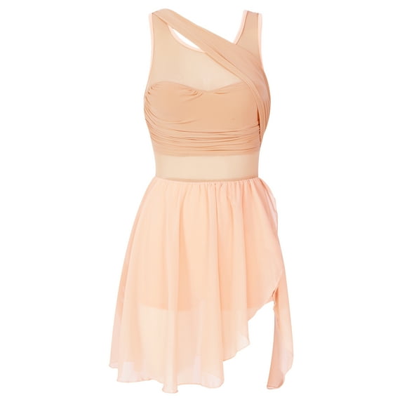 Fldy Lyrical Dance Costumes for Women V-Neck High-Low Ballet Dance Gymnastics Leotard Dress Orange Pink S