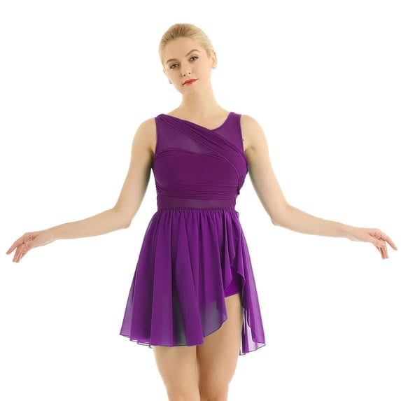 Fldy Lyrical Dance Costumes for Women V-Neck High-Low Ballet Dance Gymnastics Leotard Dress Purple 3XL