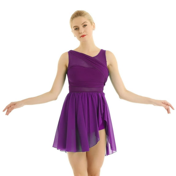 Fldy Lyrical Dance Costumes for Women V-Neck High-Low Ballet Dance Gymnastics Leotard Dress Purple XL