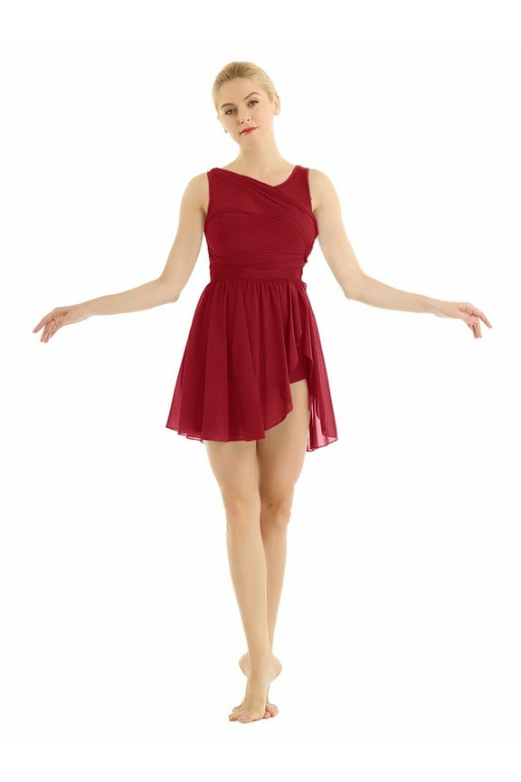 Lyrical Dance Costumes for Women V-Neck High-Low Ballet Dance Gymnastics Leotard Dress Red XS