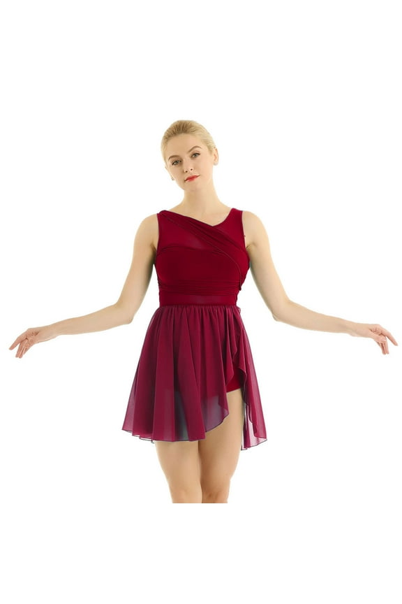 Lyrical Dance Costumes for Women V-Neck High-Low Ballet Dance Gymnastics Leotard Dress Wine Red XL