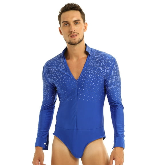 Fldy Men's Dance Shiny Rhinestones Bodysuit Shirt Ballroom Salsa Samba Latin Tops Leotard Royal_Blue Medium