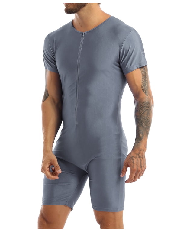 Men's One-Piece Short Unitard Jumpsuit Short Sleeve Bodysuit Sport Wrestling Singlet Dark Grey XL