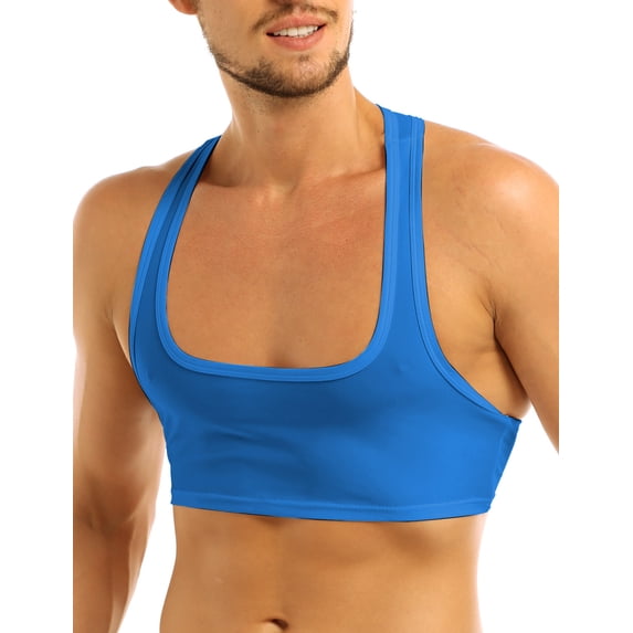 Fldy Men's Sleeveless Y Back Muscle Half Tank Top Vest Tee T-shirts Clubwear Stage Costume Crop Tops Blue XL