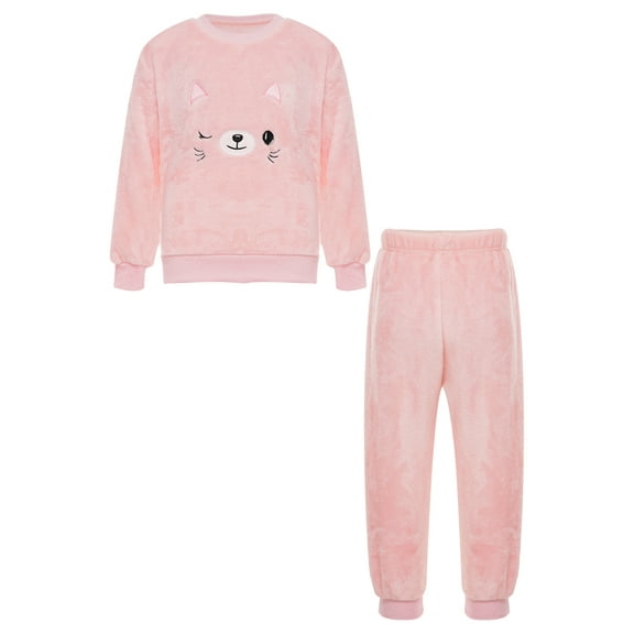 Fldy Toddler Boys Girls Warm Outfit Casual Sleepwear Long Sleeve Nightwear Loungewear 2 Piece Pajama Pink Cat 130/3XL/16