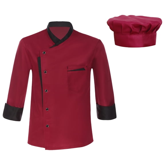 Fldy Unisex Chef Jacket Mens Womens Chef Coat with Chef Hat Set Restaurant Kitchen Chef Top Uniform Burgundy L
