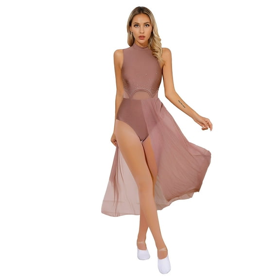 Fldy Women Glitter Rhinestone Mesh Patchwork Lyrical Dance Dress Leotard Modern Contemporary Light Brown L
