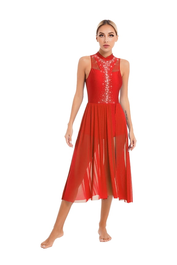 Women Lyrical Dance Costumes Sequin Sleeveless Mesh Tulle Flowy Maxi Long Dress Morden Red S