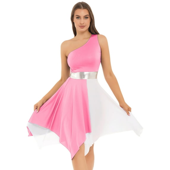 Fldy Women One Shoulder Asymmetrical Color Block Tunic Dress Lyrical Dance Costume Praise Liturgical Light Pink S