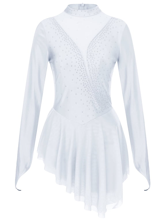 Women's Rhinestone Figure Ice Skating Dress Mesh Long Sleeve Asymmetric Lyrical Dance Dress White M