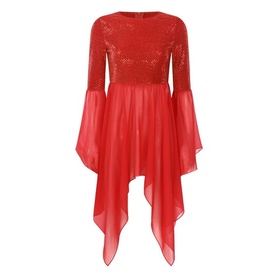 Fldy Women's Shiny Sequins Liturgical Praise Dance Dress Flared Sleeve Worship Costume with Maxi Red XXL