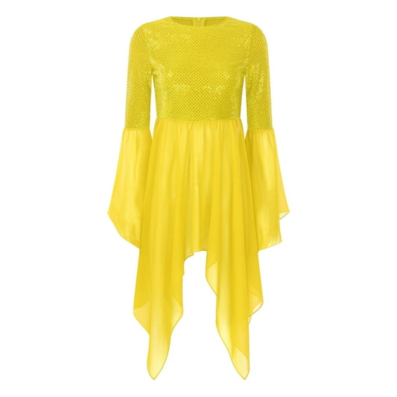 Fldy Women's Shiny Sequins Liturgical Praise Dance Dress Flared Sleeve Worship Costume with Maxi Yellow XXL