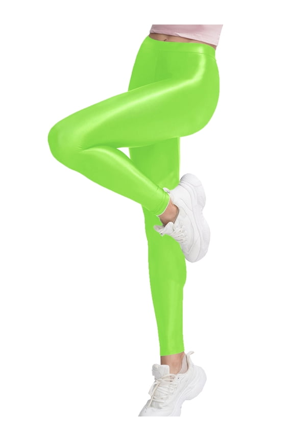 Women's Sparkly Metallic Leggings Stretch Nylon High Waist Pants Tights Clubwear Loungewear Fluorescent Green M