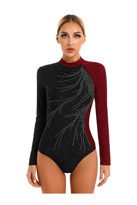 Womens Gymnastics Leotards Long Sleeve Biketard Shiny Dance Ballet Unitards Gym Yoga Bodysuit Burgundy M