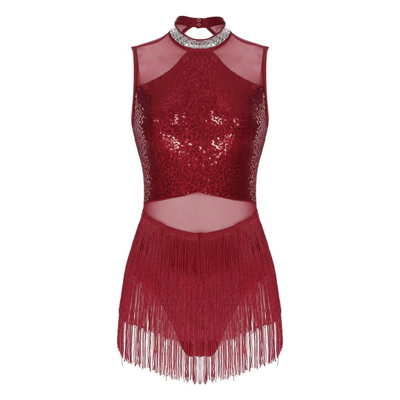 Fldy Womens Latin Jazz Dance Dress Sequin Tassel Ballroom Rumba Dance Costume Fringed Leotard Burgundy L