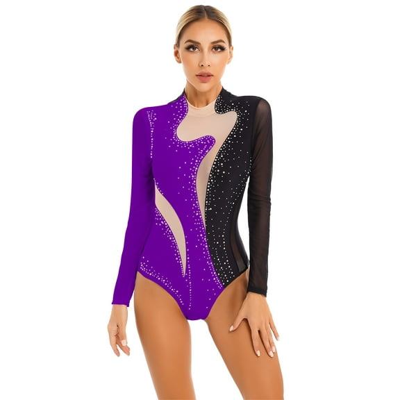 Fldy Womens Long Sleeve Rhinestone Mesh Splice Ballet Dance Gymnastics Acrobatics Leotards Bodysuit Black&Purple M