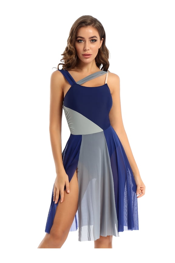 Womens Lyrical Dance Dress Modern Contemporary Dance Dresses Performance Ballet Dancewear Navy Blue M