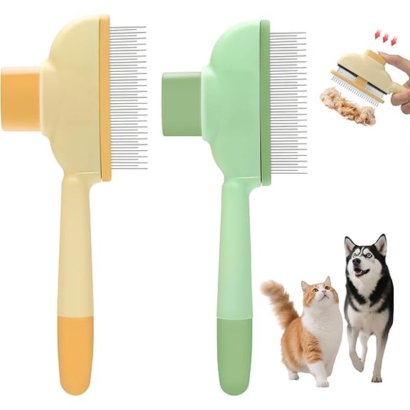 Flea Comb for Cat Dog Comb Pet Hair Removal Tool Pet Comb Cat Brush with Release Button Self-Cleaning with Long & Short Stainless Steel Metal Teeth for Shedding 2 Pcs(Yellow & Green)