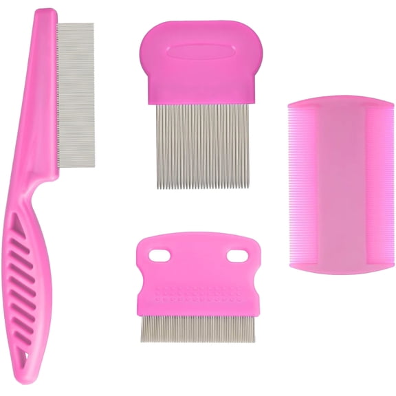 Flea Lice Comb Set, Stainless Steel Dog Cat Grooming Combs with Rounded Teeth, Double Sided Pet Tear Stain Remover, 4Pcs Dematting Tool