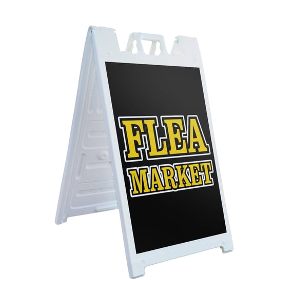 Flea Market 24" x 36" Double Sided A-Frame Sidewalk Sign, Includes 2 Installed Decals | Foldable Portable White Signicade Sandwich Board | Local Vendors, Great Bargains, Event