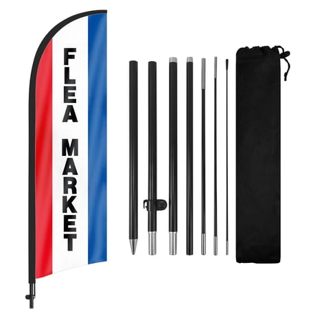 Flea Market Advertising Feather Flags Banner 8Ft, Flea Market Swooper Flag with Pole and Ground Stake, Advertising Feather Flag Signs for Flea Market Business
