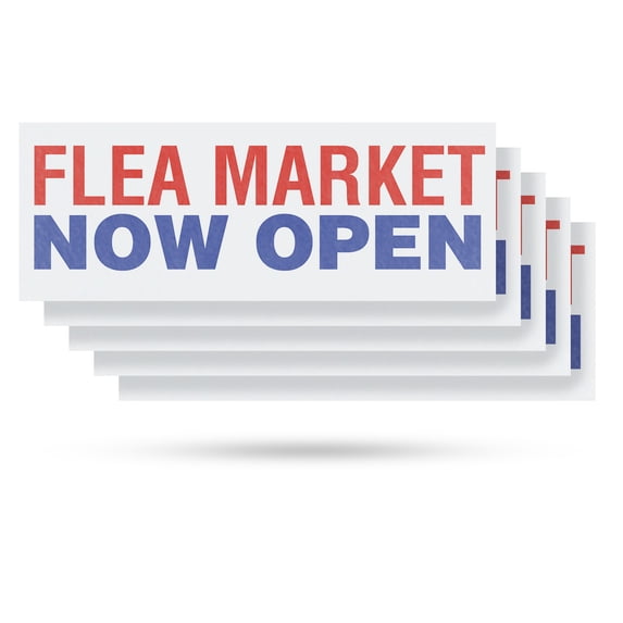 Flea Market Now Open Vinyl Decal 5 Pack of 12 Inch x 5 Inch Weatherproof Heavy-Duty Adhesive Backing | Grand Opening, Local Events, Retail Opportunities | Made in USA