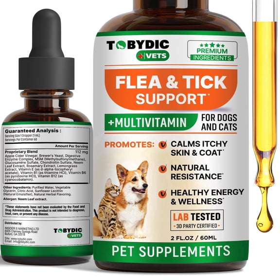 Tobydic Liquid Flea & Tick Support for Dogs and Cats - Herbal Drops with Glucosamine, MSM - Supports Joint, Coat & Immune Health